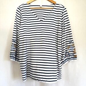 J. Jill Striped V-Neck Women's Top with Embroidered Sleeves